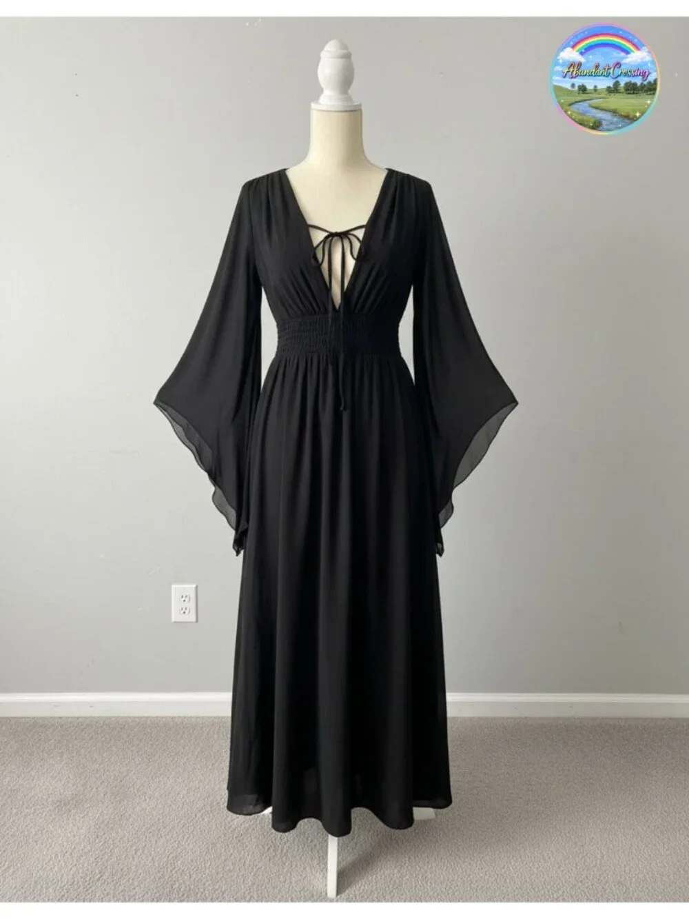 Renaissance Maxi Dress A-Line V-Neck 3/4 Bell Sleeve Medieval Costume